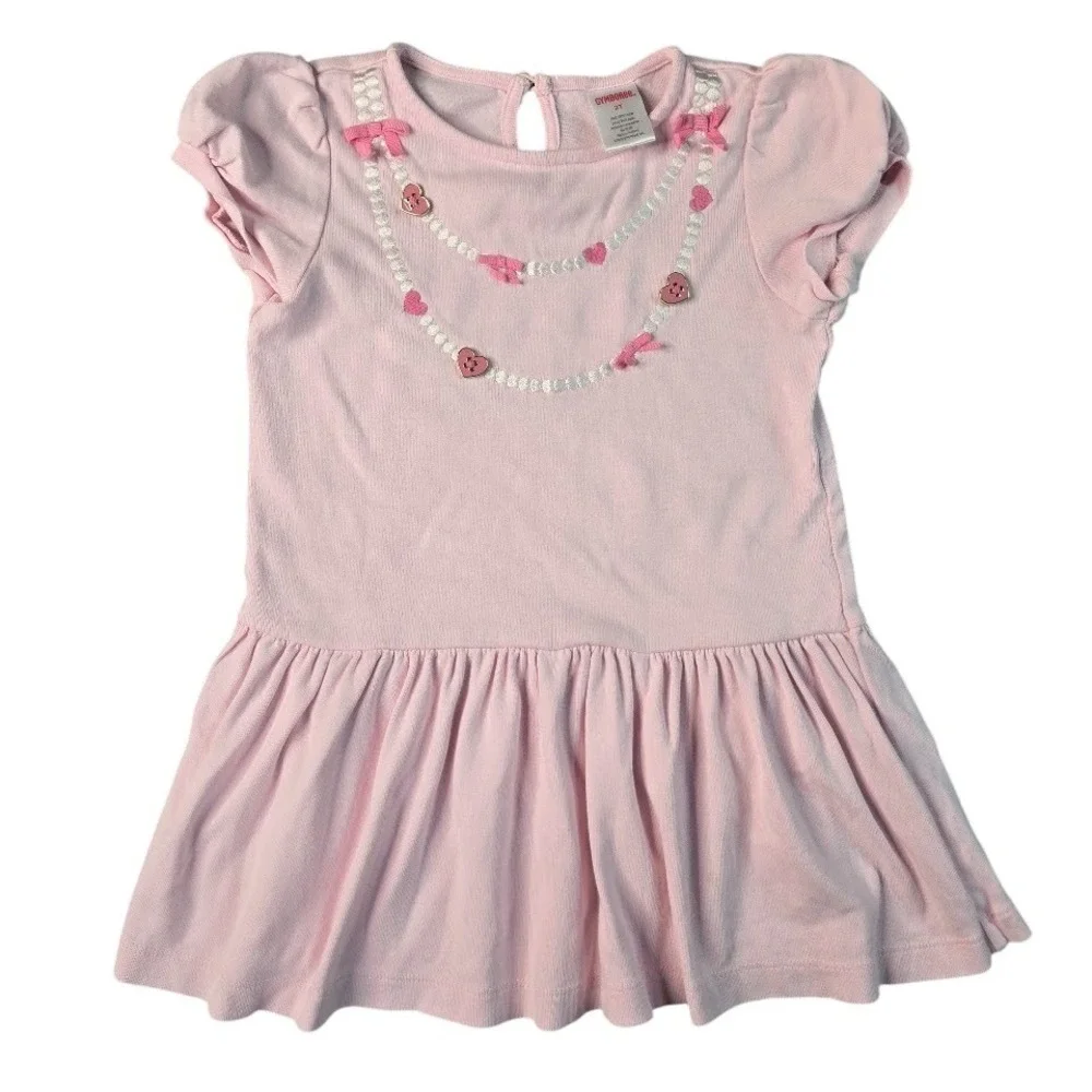 Gymboree Pink Ruffle Dress Embroidered Heart Necklace 3D Bows Girls 2T Toddler